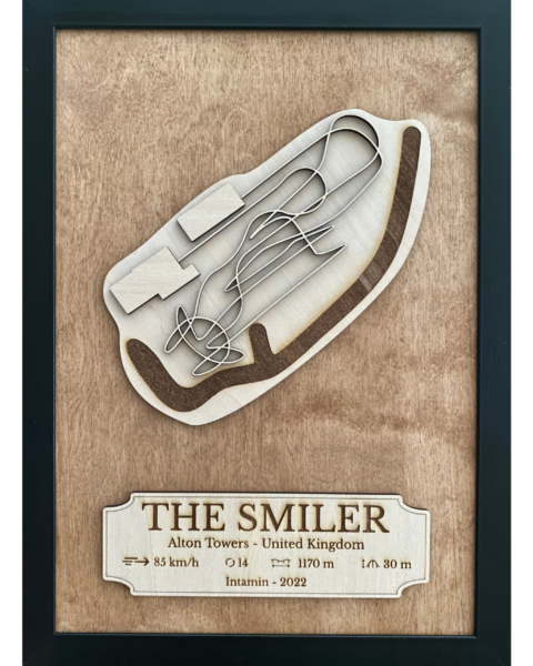 Accueil Cadre en bois Becoastr représentant le tracé de The Smiler.